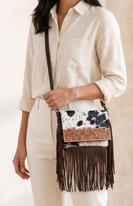 Sac à bandoulière en cuir de vachette gaufré à franges, motif floral bohème, avec fermeture éclair, écologique, sac à main western à sangle unique - Product Image 4