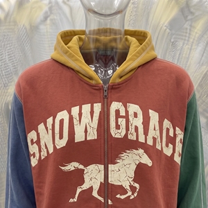 Sudadera con capucha y cremallera Snowgrace unisex de gran tamaño, chaqueta de forro polar con bloques de color vintage, diseño de bolsillo con estampado de caballo, manga raglán - Product Image 5