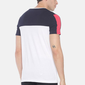 T-shirt à manches courtes pour homme, col rond, color-block, blanc, marine, rose, bordure contrastée, coupe classique, décontracté, tricoté, 100% coton - Product Image 3