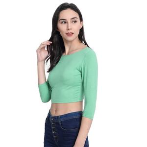 Vente chaude Pas Cher En Gros Femmes Slim Fit T-shirt Personnalisé Sexy Femmes Crop Tops T-shirt Plaine D'été Femmes À Manches 3/4 T-Shirts - Product Image 3