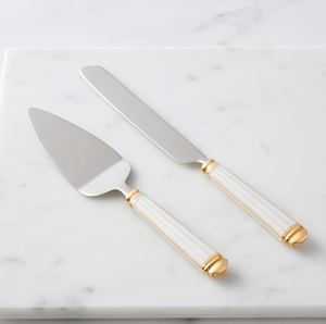 Elegante Juego de Servir Pasteles de Acero Inoxidable con Asas de Esmalte Blanco y Dorado, Ideal para Bodas, Regalos y Ocasiones Especiales - Product Image 1