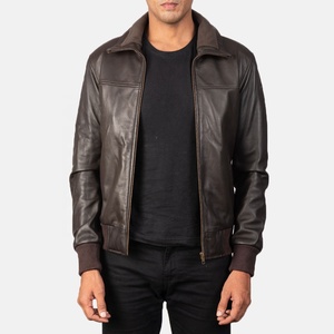 Chaqueta de Cuero de Oveja Marrón para Hombre, Estilo Bomber, Ropa de Invierno, Moda Motociclista, Corte Ajustado, Cuello Alto, Cremallera, Impermeable y Cortavientos - Product Image 1
