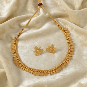 Conjuntos de Collar y Pendientes Tradicionales Indios en Oro Mate, Joyería Étnica con Filigrana Floral para Mujer, Chapado en Oro Antiguo - Product Image 1