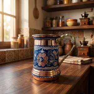 Handmade Copper Tankard Mug with Blue <b>Enamel</b> Floral Design Decorative Metal Beer Mug Drinking <b>Cup</b> Vintage Indian Handicraft Gift - Product Image 2