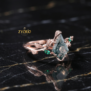 Kite Cut Moss Agate <b>Ring</b> 14K Gold Botanical Engagement <b>Ring</b> Green Moss Agate Emerald Accent <b>Fine</b> Jewelry <b>Ring</b> - Product Image 3