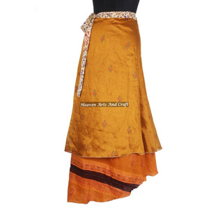 Designer Bohemian Silk Magic <b>Wrap</b> Skirt Double- Layer Reversible <b>Sarong</b> Sari Vintage 38 Inches Waist Plus Size Vintage Indian - Product Image 1