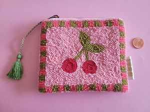 Handmade Beaded Coin Purse Pink Cherry Pouch with Green TasselCute Beaded WalletFruit Bead Bag <b>Small</b> Gift for Her. - Product Image 4
