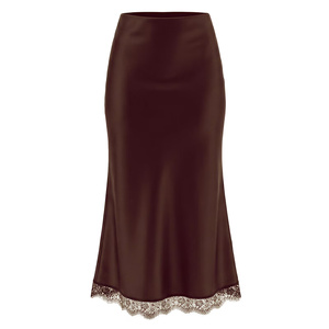 Jupe en satin pour femme, taille haute, couleur unie, coupe trapèze, avec empiècements en dentelle, élégante, longueur genou, en soie - Product Image 4