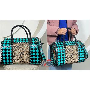 Bolsa de Viaje de Cuero Vacuno Hecha a Mano de Estilo Moderno y Lujoso, Bolsa de Hombro Vintage con Patrón a Cuadros para Hombre y Mujer - Product Image 1