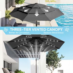 Ombrellone a braccio a 3 livelli con LED solari per esterni, con manovella inclinabile, nero - Product Image 5