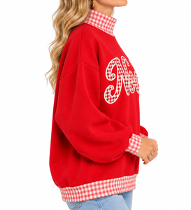 Wholesale OEM <b>Women's</b> <b>Christmas</b> Mock Neck <b>Sweatshirt</b> Red Cotton Fleece Oversized Drop Shoulder Red Gingham Trim Embroidered - Product Image 4