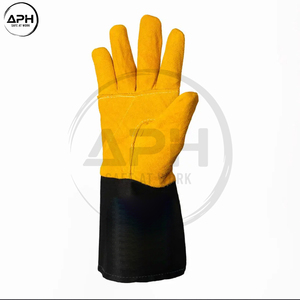 Gants de travail en cuir noir et jaune pour soudeurs, à doigts entiers, avec manchette longue, renforts sur la paume et coutures robustes, taille et couleur personnalisables - Product Image 3