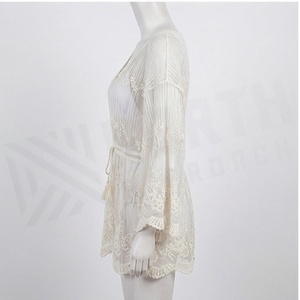 Women's White Chiffon Embroidered V-Neck Drawstring Romper With Tassel And Ruffles Floral Pattern Short Bottoms - Product Image 3