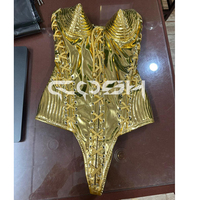 Bodysuit Korset PVC Metalik Emas Mewah Wanita Tanpa Tali Cup Runcing Bustier Satu Potong Pakaian Klub Seksi Kostum Panggung