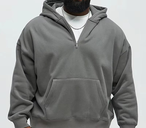 Sweat-shirt à capuche gris surdimensionné pour homme, en molleton, à demi-zip, couleur unie, coupe classique, pour l'automne - Product Image 2
