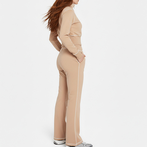 OEM/ODM Custom Made Winter Vintage Solid Embroidered Lace Contrast Stitch Streetwear Tracksuit 100% Cotton Breathable Wide Leg - Product Image 5