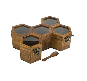 Caja de Especias de Madera de Acacia, Caja de Condimentos de Forma Hexagonal, Diseño Elegante, Herramientas para Hierbas y Especias, Utensilios de Cocina - Product Image 1