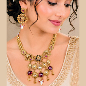 Ensemble collier et boucles d'oreilles longs pour femme JeweleMarket, plaqué or, avec cristaux et strass, style ethnique, pour mariage, fiançailles, anniversaire - Product Image 1