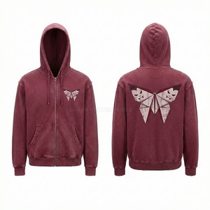 Sweat à capuche zippé personnalisé bordeaux délavé à l'effet minéral pour homme, avec motif graphique chauve-souris origami, style streetwear vieilli, fabricant de sweats à capuche zippés - Product Image 1
