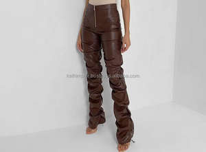 Stock prêt pantalon empilé marron pour femmes en cuir PU taille élastique fermeture à glissière avec poches arrière Streetwear personnalisé - Product Image 2