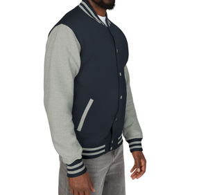 Chaqueta Varsity Azul Marino para Hombre con Mangas de Cuero Borgoña, Cierre de Botones, Cuello Camisero, Ropa Casual de Otoño - Product Image 3