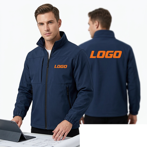 Chaqueta de Trabajo con Capucha Azul Marino para Hombre, Resistente al Viento, con Logotipo Naranja Impreso por Transferencia Térmica, Cuello Alto, Cierre de Cremallera, para Otoño - Product Image 1