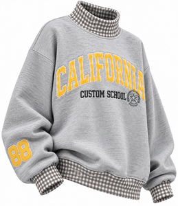 Sweat-shirt surdimensionné à col roulé pour femme, broderie gingham, vente en gros, 100% coton molletonné, pull à manches longues pour l'hiver - Product Image 3