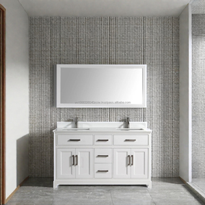 Meuble-lavabo de salle de bain moderne blanc en bois massif et contreplaqué, à poser au sol, avec miroir, tiroirs à fermeture douce, facile à nettoyer, de luxe - Product Image 1