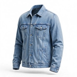 Men's <b>Light</b> Blue Denim <b>Puffer</b> <b>Jacket</b> Regular Fit Stand Button Closure Casual Style Winter Wear 100% Cotton Washed Finish Front - Product Image 4