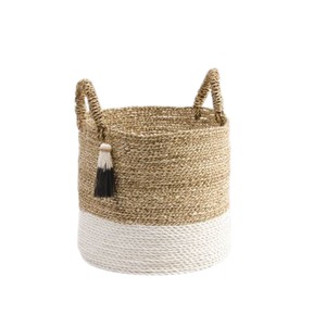 Unique Design Seagrass Basket Featuring Hand Crafted White Base and Tassel Storage Laundry Hamper <b>Container</b> Bin - Product Image 1