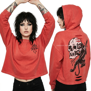 Hoodie court jaune 350 GSM pour femme, style Cottagecore, avec imprimé graphique naturel botanique (champignons, crânes, fruits rouges) et manches effet usé - Product Image 4