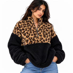 <b>Womens</b> Leopard Print Sherpa Pullover Half Zip <b>Fleece</b> Sweatshirt Contrast <b>Black</b> Panel Custom Logo Winter Wholesale - Product Image 1