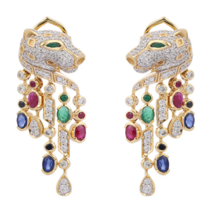 14K <b>Solid</b> <b>Gold</b> Multi Gemstone Panther Stud <b>Huggie</b> Earrings with Moissanite - Product Image 2