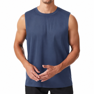 2026 New Men's Solid <b>Navy</b> Blue Sleeveless Tank <b>Top</b> O-Neck Knitted Breathable Casual Workout Wear - Product Image 1