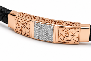 Bracelet manchette en or massif 18 carats Namivaa, cuir tressé noir, diamants, design géométrique de luxe, poli miroir, pour homme, cadeau de mariage ou de fête - Product Image 4