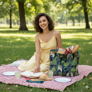 Handcrafted Jungle Themed Peacock/Cage Pattern 100% Cotton Quilted <b>Long</b> Handle Lightweight Multi-Use Tote <b>Bag</b> for Travel & Shopp - Product Image 1
