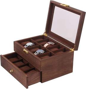 Boîte de présentation de montres en bois sculptée, organisateur de rangement de bijoux avec couvercle en verre et tiroir, cadeau pour hommes et femmes - Product Image 4