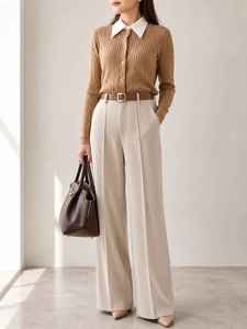 Pantalon large taille haute beige uni longueur totale infroissable avec ceinture pour femme style bureau automne satiné - Product Image 5