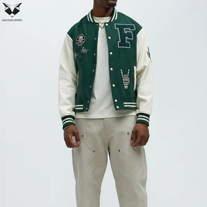 White Green Ribbed Collar Button Front Solid <b>Pattern</b> Eco-Friendly Melton Wool PU Leather Unisex Loose Fit College <b>Jackets</b> - Product Image 3