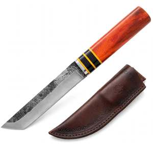 Cuchillo Utilitario Hecho a Mano al Estilo Japonés, Forjado a Mano, con Mango de Resina Ámbar y Funda de Cuero Repujado - Product Image 1