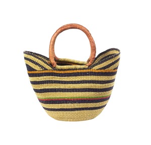 Sac fourre-tout classique en paille à queue d'hirondelle, rayures noires, poignée en cuir marron, sac de plage en jonc de mer naturel, style mode et charmant - Product Image 1