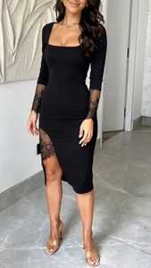 Vestido midi ajustado con cuello cuadrado y encaje negro con patchwork - Product Image 5