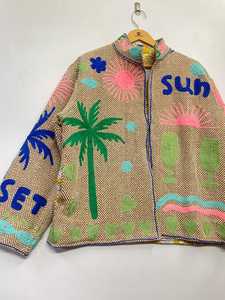 Veste en tweed brodée style bohème pour femme, motif palmiers tropicaux et soleil, idéale pour les vacances, style Suzani - Product Image 5