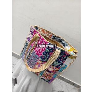 Sac fourre-tout en coton à imprimé tigre patchwork, style bohème, ouvert, grande capacité, design multicolore peint à la main, pour le shopping - Product Image 4