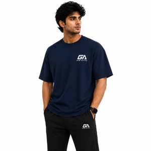 Camiseta de algodón azul marino extragrande para hombre, 280 g, manga corta, cuello redondo, para gimnasio, ropa deportiva, informal, para calle, entrenamiento - Product Image 1