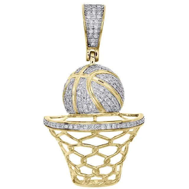 0.33CT 10K Yellow Gold Round Diamond Basketball Pendant Mens Pave Hoop Charm