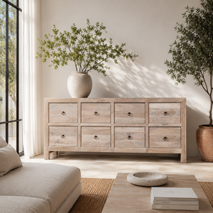 Commode en bois de récupération, rustique, faite à la main, finition naturelle, huit tiroirs, pour chambre et salon - Product Image 3