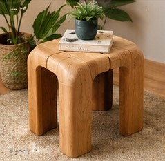 Mesa Auxiliar Redonda de Madera Maciza Estilo Japandi, Acabado Natural, Mesa Multifuncional para Decoración de Sala de Estar - Product Image 1