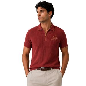 Polo de Punto Rojo Personalizado para Hombre, Cierre Dorado, Manga Corta, Tela Texturizada de Lujo, Logotipo Personalizado, Camisa de Golf de Diseñador OEM - Product Image 1