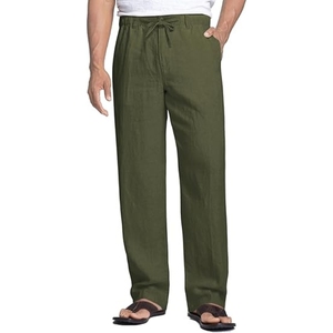 Pantalon en lin vert olive pour homme, coupe droite décontractée, taille élastique, léger, pantalon d'été avec poches - Product Image 1